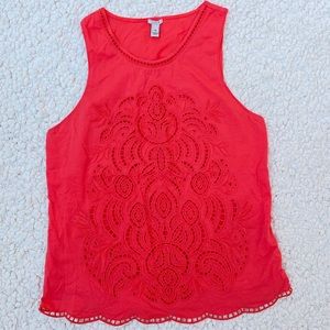 JCrew Embroidered Tank Top- Coral Red-Pink
